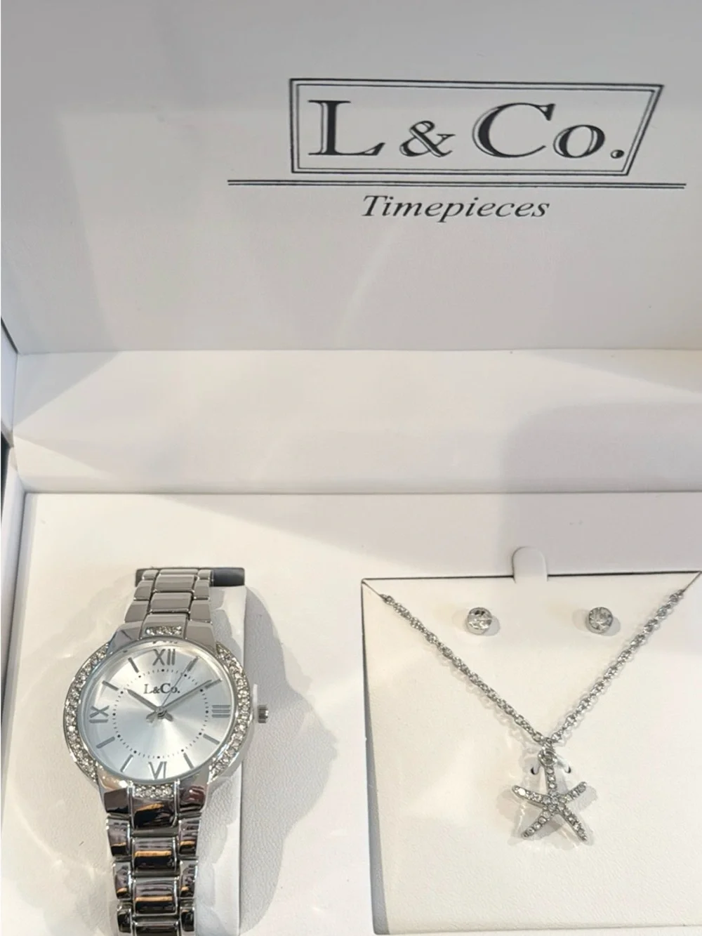 L & Co. Silver Crystal Accent Watch and Necklace Set